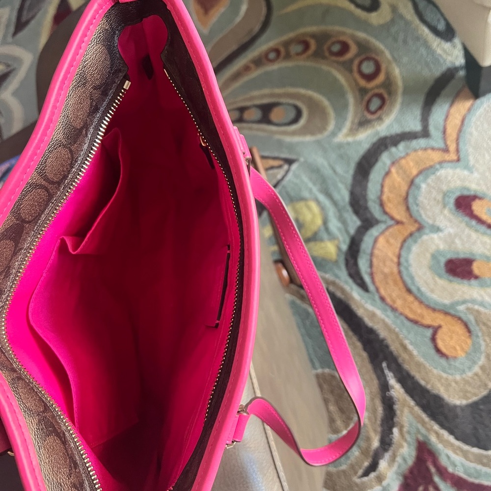 Coach Brown Signature Tote with Hot Pink Trim and Tag - Picture 3 of 8